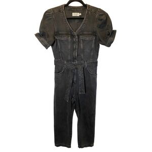 & Other Stories Denim Jumpsuit Women's 6 Puff Sleeve Belted Dark Wash Utility